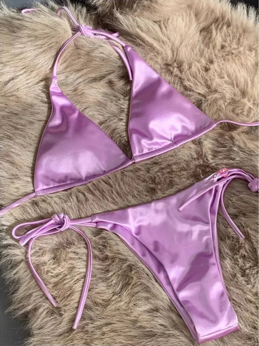 Halter Brazilian Metallic Satin Bikini Swimwear, Swimsuit Two-pieces Bikini Set High Cut Bathing Suit Swim Beachwear
