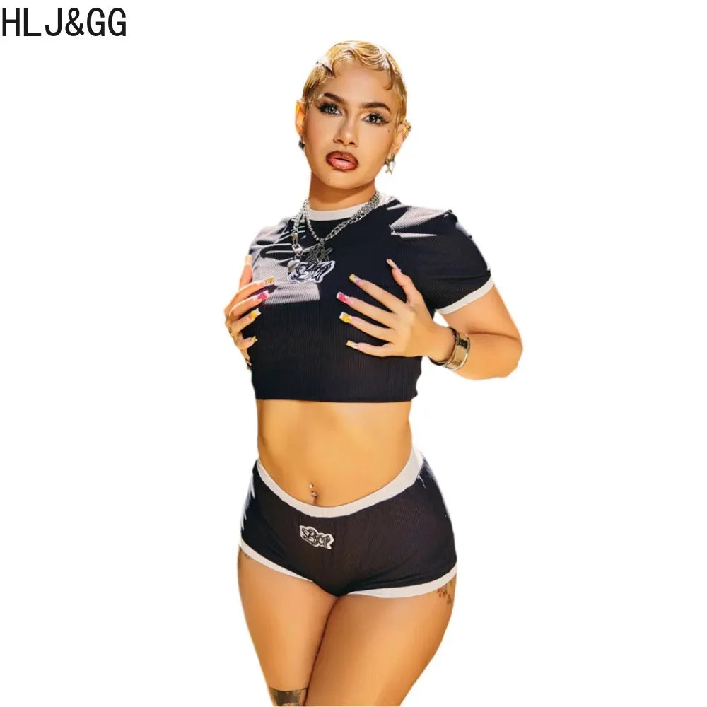 HLJ&GG Y2K Fashion Hot Girl Embroidery Two Piece Sets Women Round Neck Slim Crop Top And Shorts Outfits Summer New 2pcs Outfits