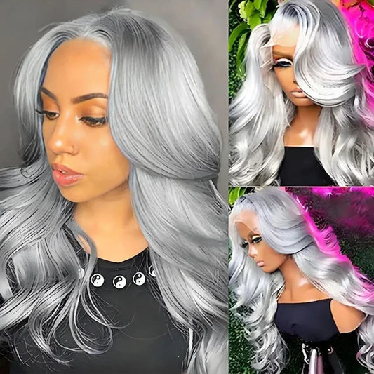 613 silver gray colored curl Wig 13x6 transparent Lace Front Body wave Wig 100% Brazilian Human Hair length lace Wig of Wowen