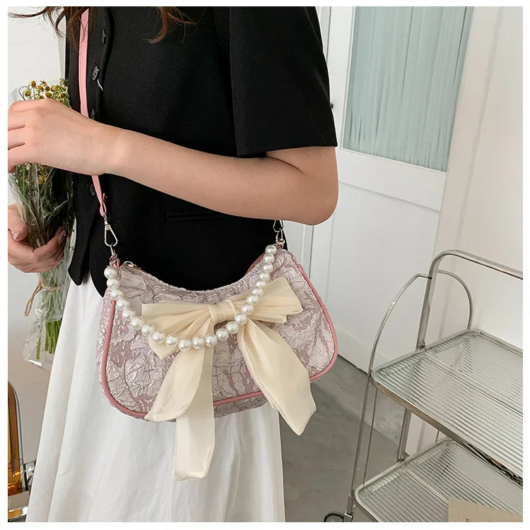 Pearl Female Bag Retro Luxury Designer Handbag Bow Crossbody Bags Fashion Canvas Women's 2023 Trend Shoulder bag Purses
