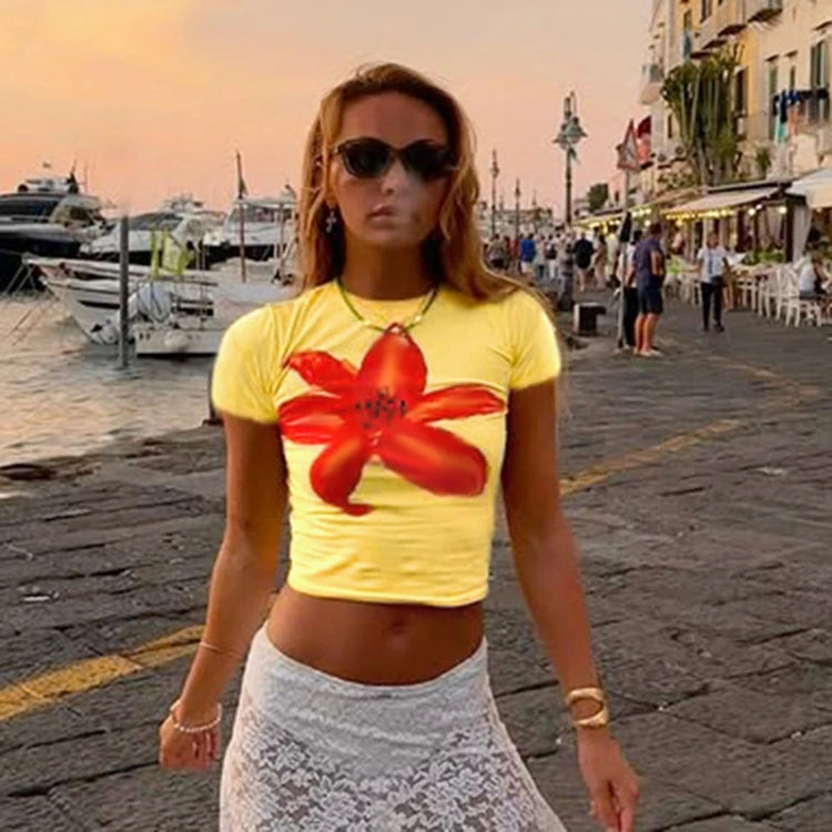STYLISH LADY Contrast Color Floral Printed Crop Tops 2025 Summer Women Short Sleeve O Neck Casual Holiday Street T Shirts Tees