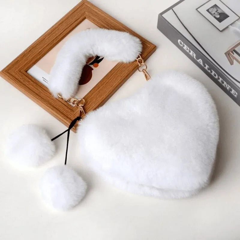 Luxury Faux Fur Heart-shaped Women Small Handbags Fluffy Plush Ladies Chain Shoulder Bag Fashion Female Furry Daily Clutch Purse