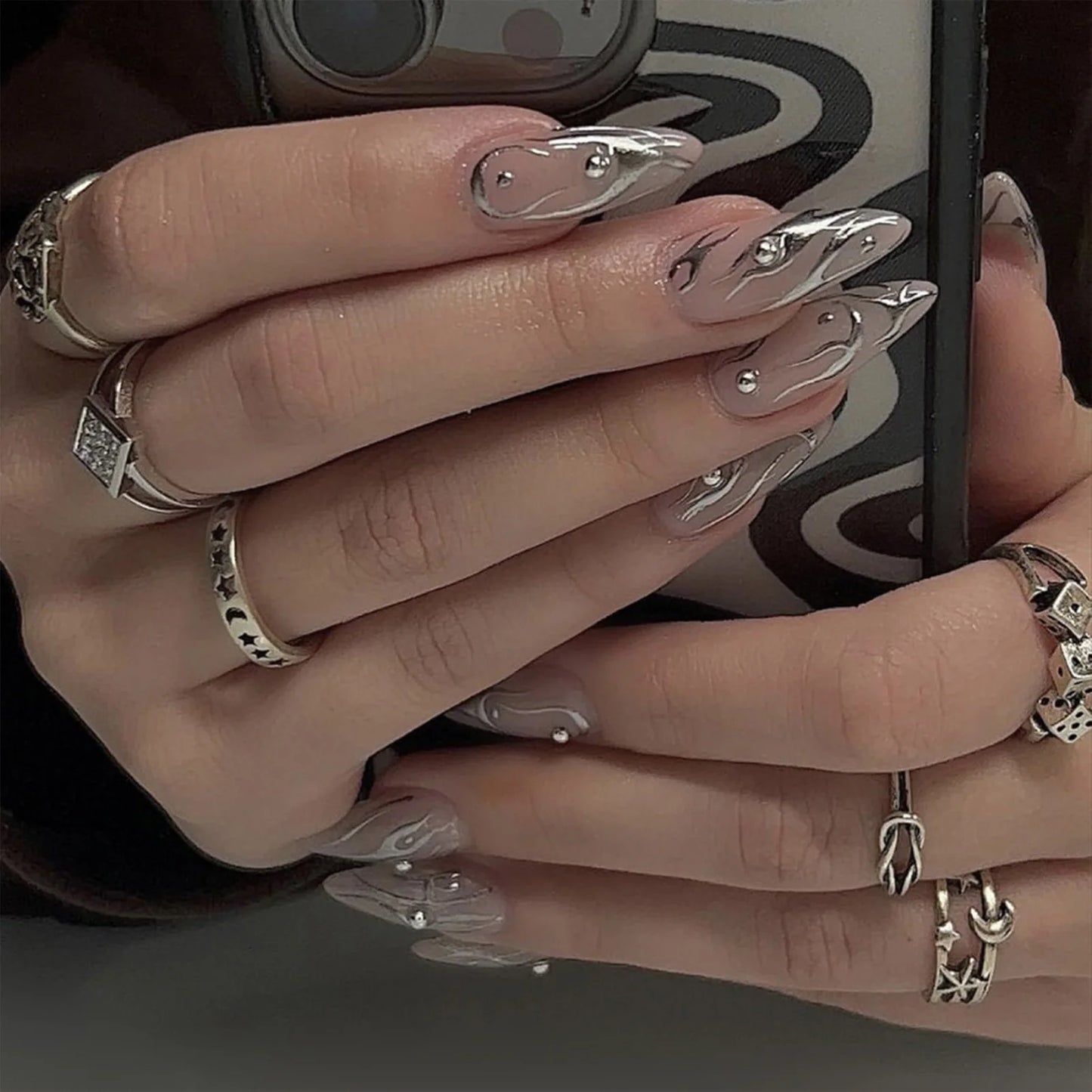 y2k Nails 24pcs Fake Nails Black Pink Color French Press Nail Tips with Five-pointed Star Pattern Artificial Nail Tips for Girls