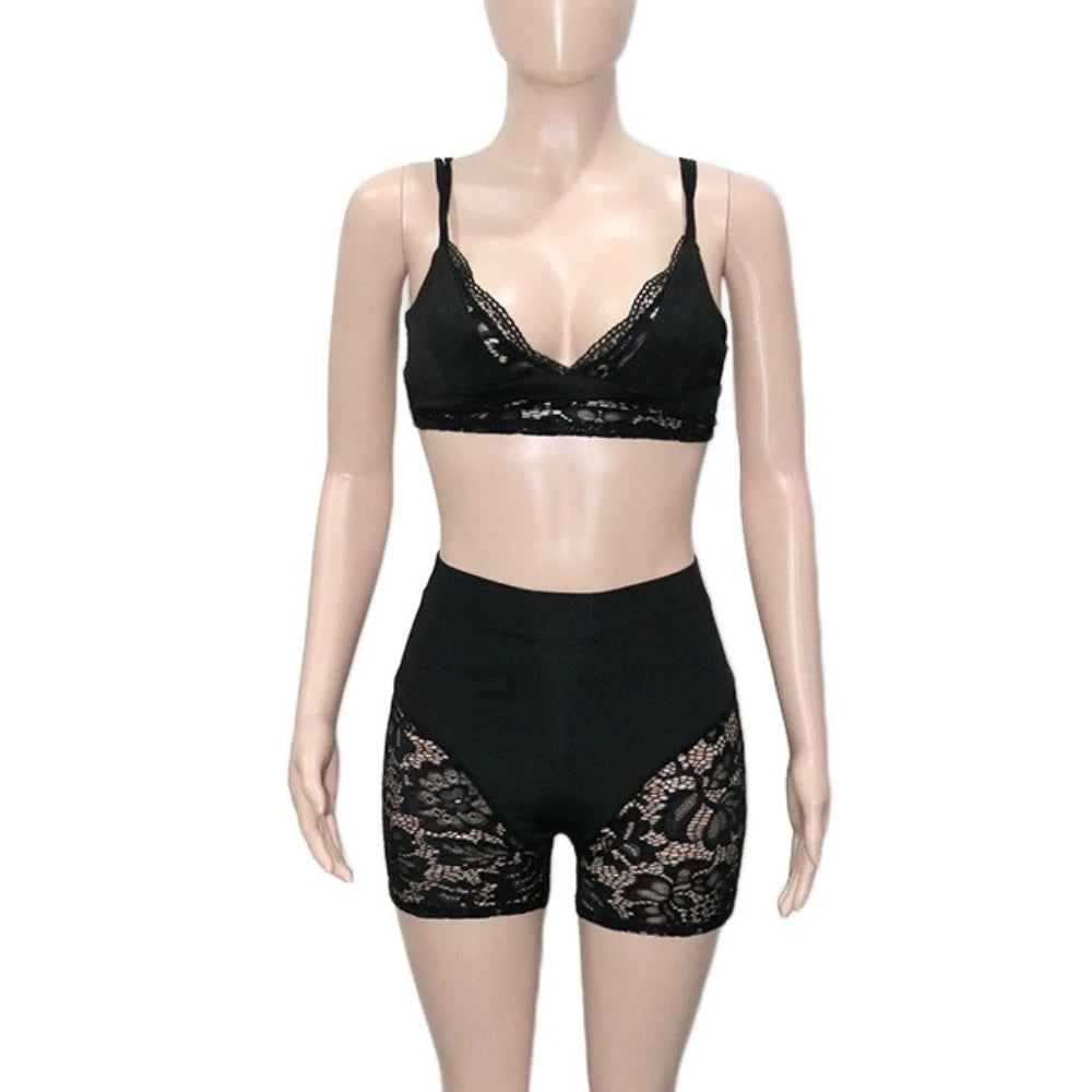 HLJ&GG Sexy Lace Hollow See Though Two Piece Sets Women V Neck Spaghetti Strap Slim Crop Top + Shorts Outfits Fashion Streetwear