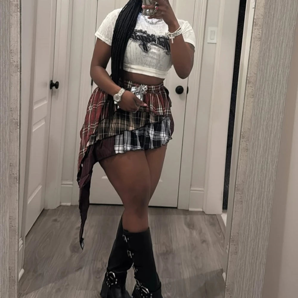 HLJ&GG Fashion Plaid Printing Irregular Mini Skirts Two Piece Sets Women O Neck Short Sleeve Top And Skirts Outfits Streetwear