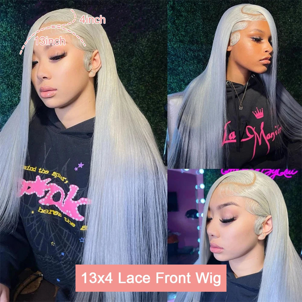 Silver Grey Straight Lace Front Human Hair Wig 40 Inches Colored HD Transparent 13x6 Lace Frontal Wig for Women Preplucked 250%