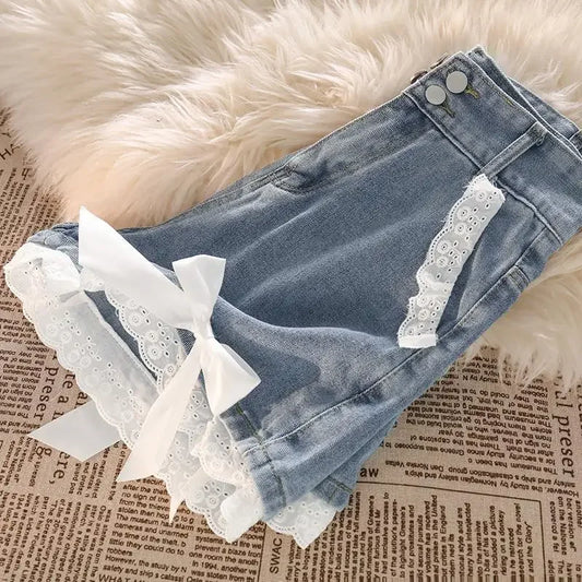 Japanese Preppy Style Bow Lace Patchwork Y2k Shorts Women Summer Straight Hotsweet High Waist jeans Short Pants Ruched