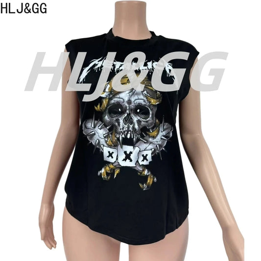 HLJ&GG Y2K Trendy Retro Print Tshirts Two Piece Sets Women Round Neck Sleeveless Top And Sequin Leopard Shorts Outfit Streetwear