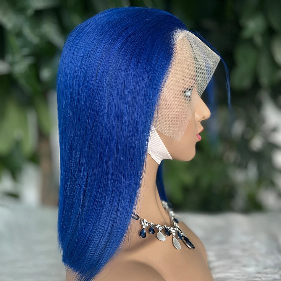 13x4 Nave Blue Bob Wig Colored Lace Front Human Hair Wigs Short Bob Wig Dark Blue Bone Straight Lace Frontal Wig 100% Human Hair