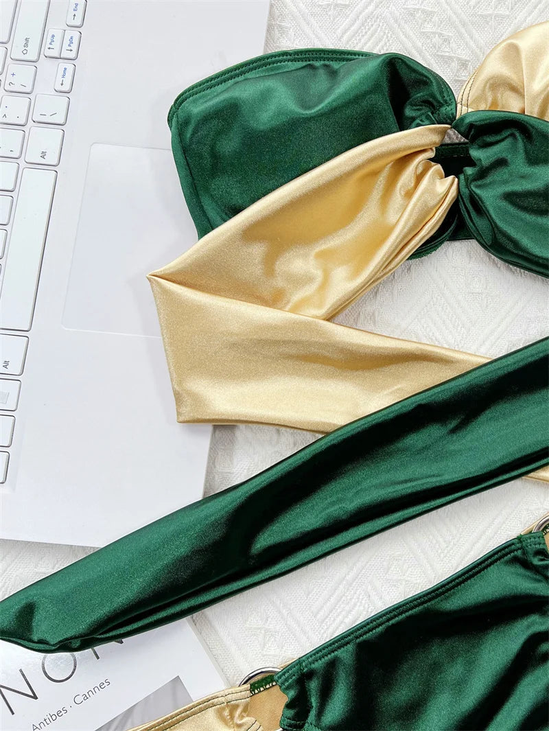 Para Praia Green Gold Bikini 2025 Sexy Strapless Bandeau Swimwear Women Brazilian Swimsuit Thong Biquini Bandage Bathing Suit