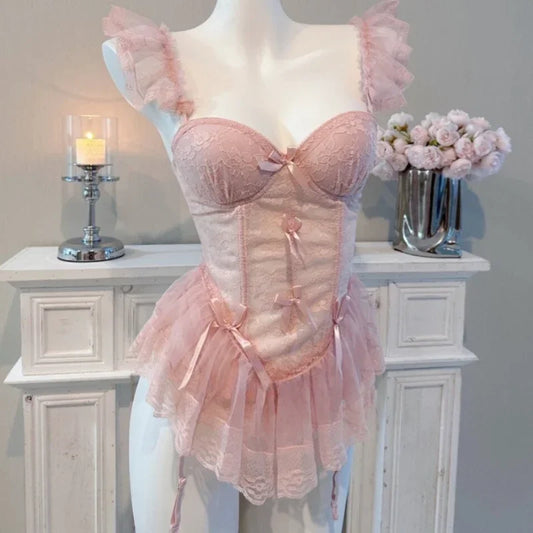 Black Vintage Corset Bustier Top Lace Underbust Ruffles Sexy Lingerie Corset Push Up Bra Ladies Thong G-String Underwear