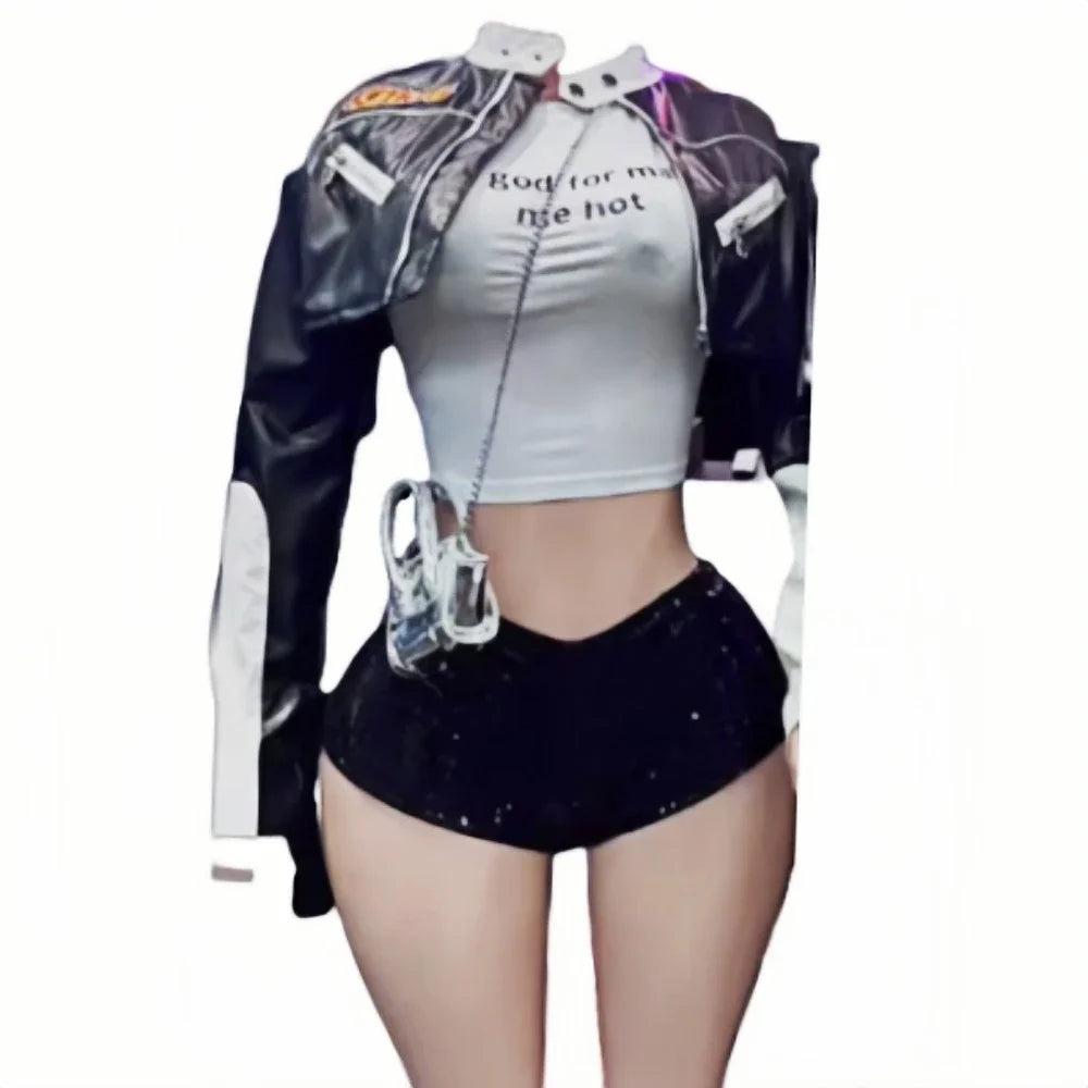 HLJ&GG Black Leather Jacket Fashion Streetwear Women Zip Long Sleeve Crop Top+Tshirts+Sequin Shorts 3 Piece Sets Female Clothing