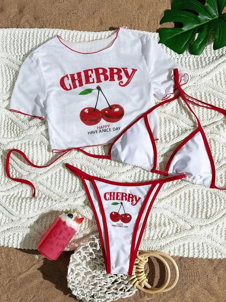 HLJ&GG Sexy Cherry Printed See Though 3 Piece Bikini Swimsuit Women Round Neck Short Sleeve Top Outfit Summer New 3pcs Beachwear