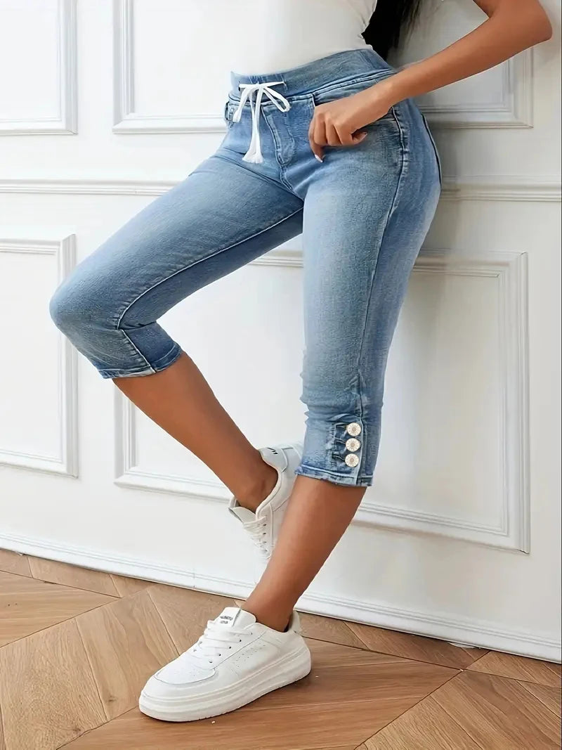 Ladies Plus Size jeans Captcha Drawstring High Stretch Spring summer Versatile Leg Slit Washed Jeans.