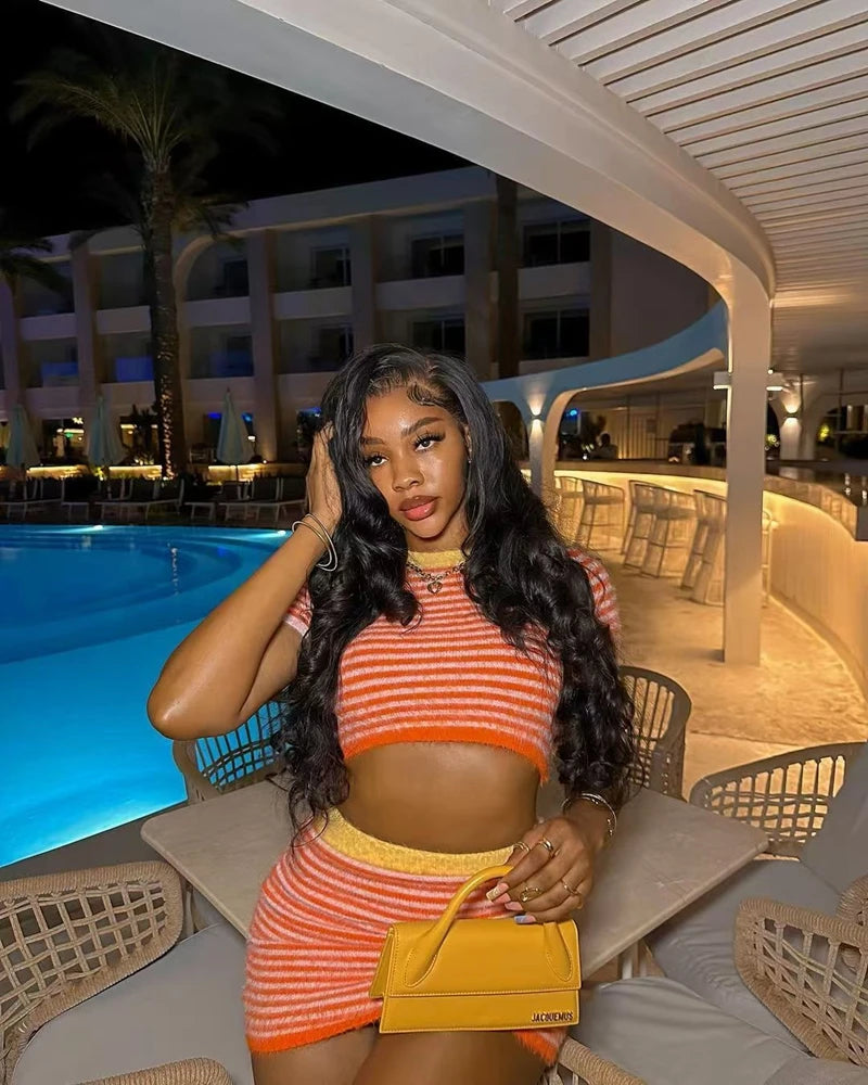 STYLISH LADY Striped Printed Knitted 2 Piece Set Women Short Sleeve Crop Top and Mini Skirt Suits 2025 Summer Sexy Club Outfits