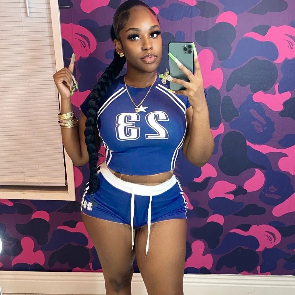 HLJ&GG Summer New Letter Print Drawstring Shorts Two Piece Sets Women Round Neck Short Sleeve Slim Crop Top And Shorts Outfits