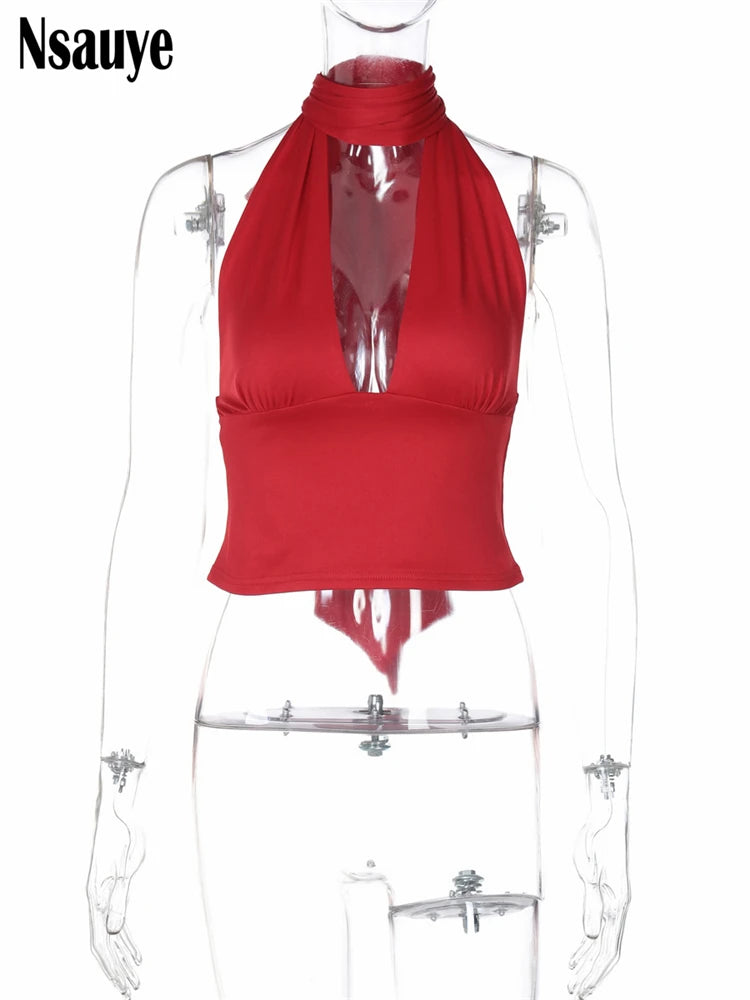 Nsauye Women Casual Clothes Halter Mini Skinny Low Cut Out Vest Tank Tops 2025 Summer Fashion Sexy Club Sleeveless Y2K Crop Tops