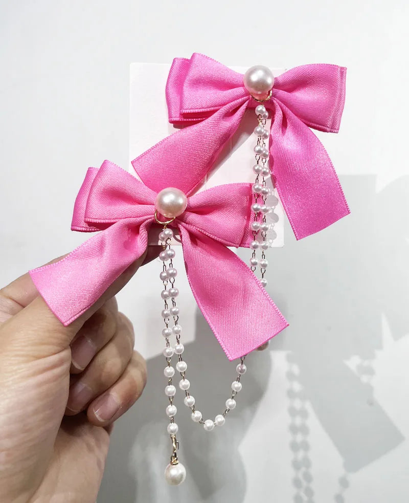 Sweet Princess Style Pink Pearls Chain Bow Hair Clip Women Children's Cute Back Head Hairpins Hair Clips Girls Hair Accessories
