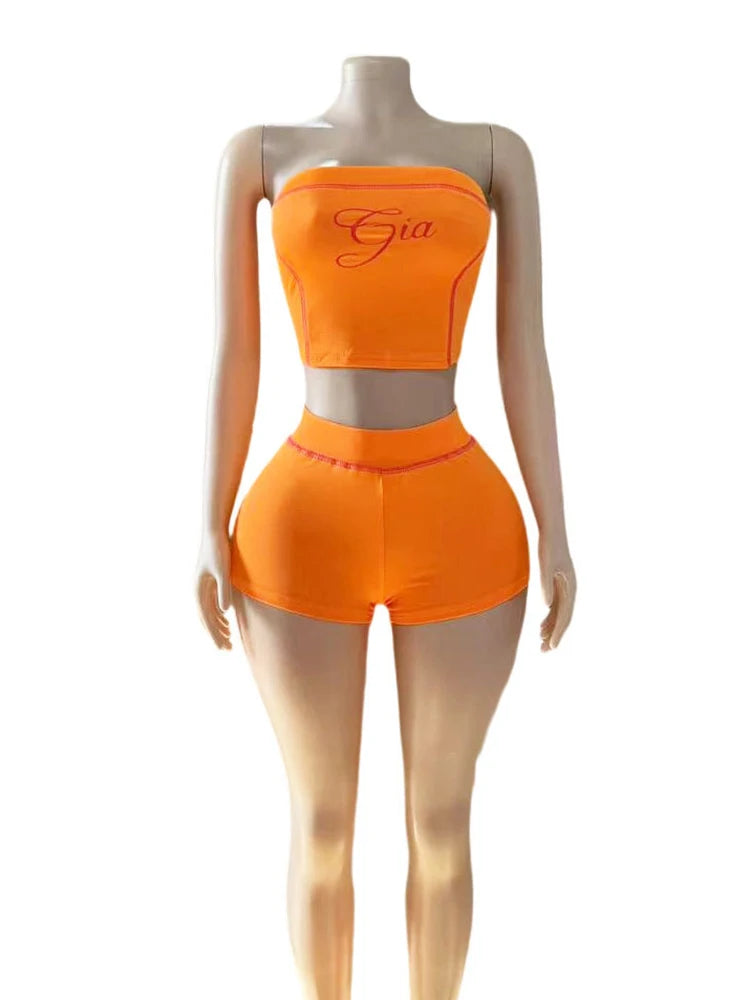 Weird Puss Letter Print Women 2 Piece Set Tracksuit Letter Print Strapless Tos+Shorts Matching Streetwear Skinny Stretch Outfits
