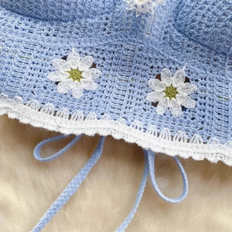 Vacation Style Camis Vest Women Patchwork Sweet Hook Flower Sexy Backless Suspender Camisole Hanging Neck Outwear Crop Tops