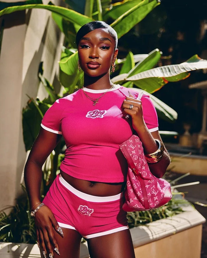 HLJ&GG Y2K Fashion Hot Girl Embroidery Two Piece Sets Women Round Neck Slim Crop Top And Shorts Outfits Summer New 2pcs Outfits