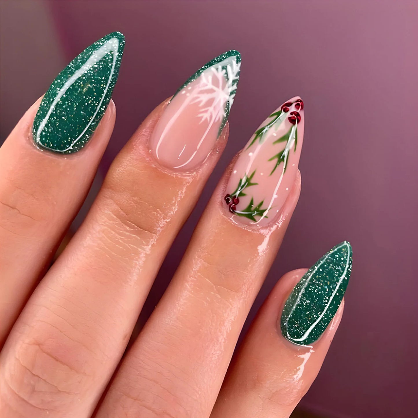24pcs Glitter Pink Sequins Fake Nails 2025 Halloween Scary Skull Love Print False Nails Wearable European Ballet Press on Nails