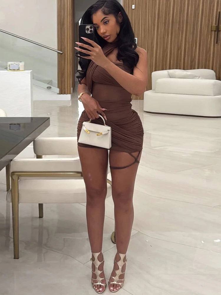Sheer Backless Halter Mini Dress