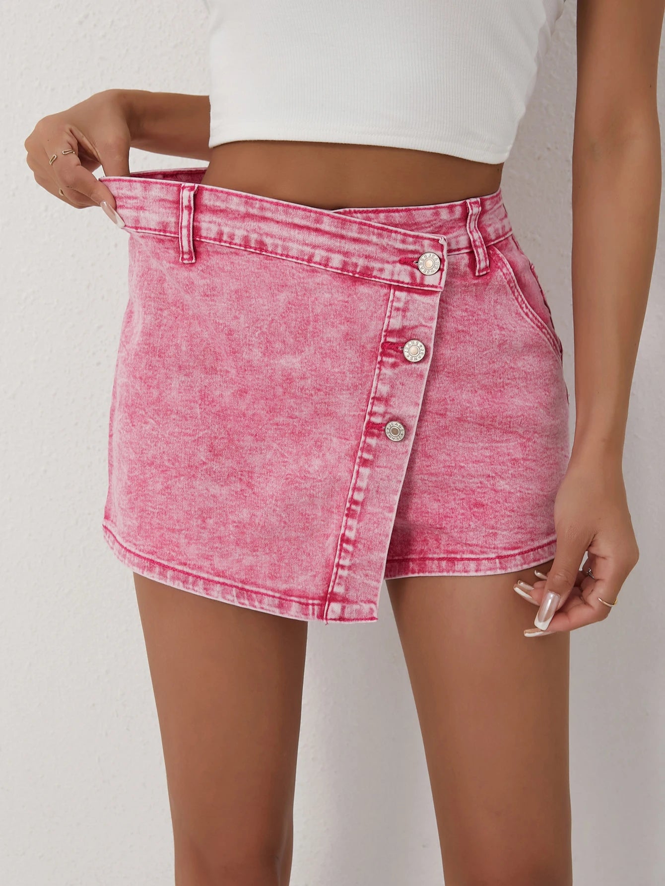 Ladies Shorts Casual Fashion Style High Waisted Pants with Asymmetrical Buttons 2025 New Pink Jeans