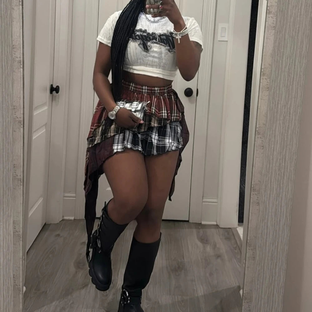 HLJ&GG Fashion Plaid Printing Irregular Mini Skirts Two Piece Sets Women O Neck Short Sleeve Top And Skirts Outfits Streetwear