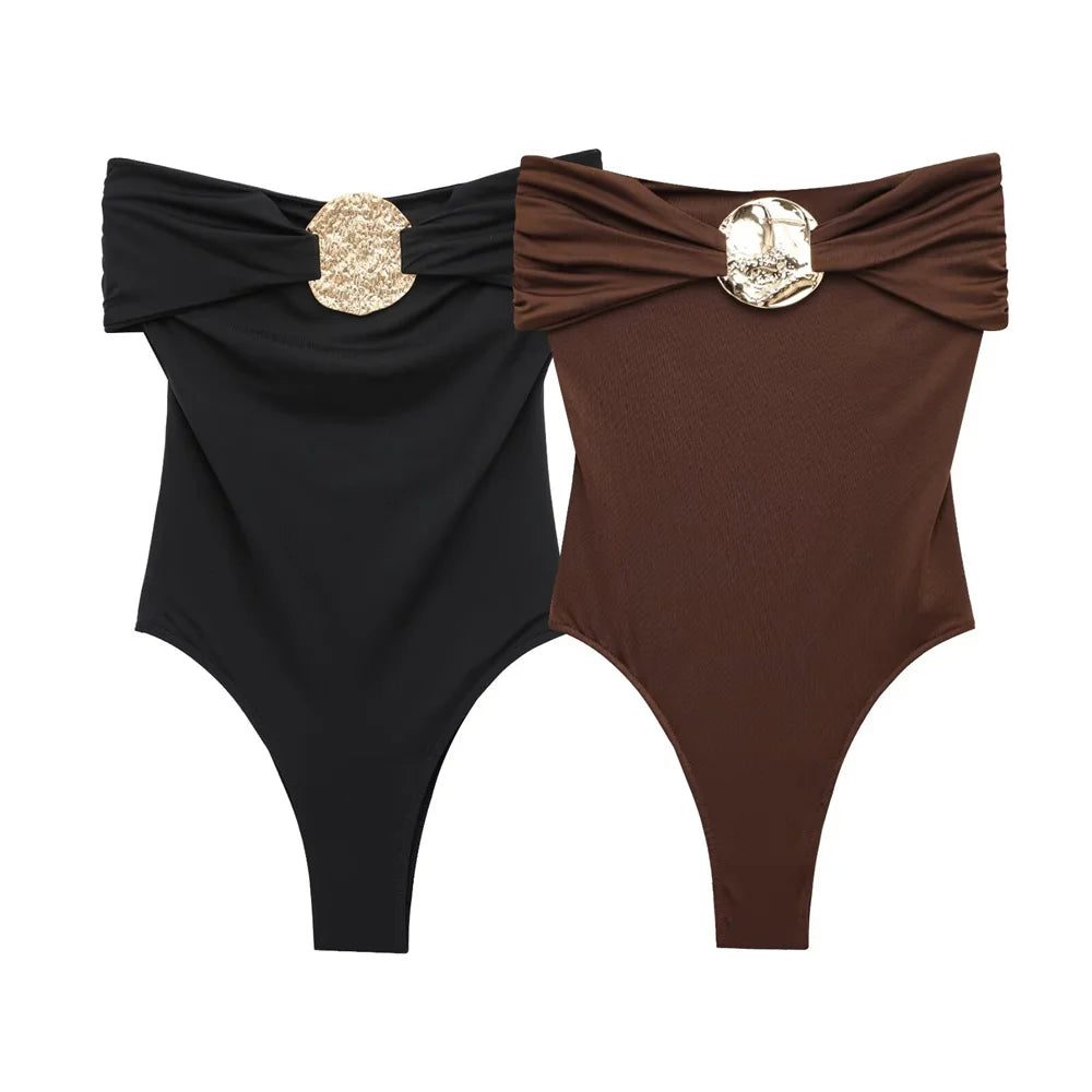 PB&ZA 2025 Women Off Shoulder One Piece Swimsuit with Decorative Buckle Stylish Black and Brown Design for Sale on AliExpress