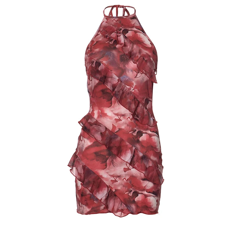 Weird Puss Multilayer Ruffles Dress Women Y2K Backless Halter Tie-Dye Flowers Sleeveless Sexy Stretch Elegant Clubwear Bodycon