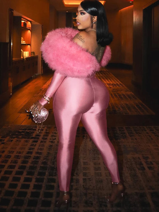 Weird Puss Furry Slash Neck Jumpsuits Woman Luxury Hipster Patchwork Trend Sexy Hollow Stretch Fitness Club Activity Overalls