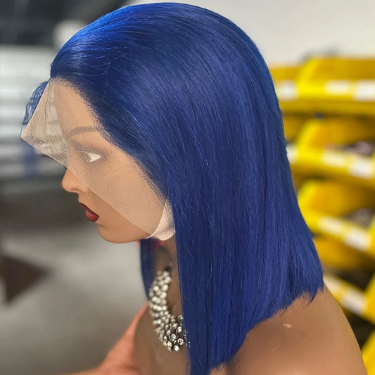 13x4 Lace Front Short Bob Wig Blue Color Straight Navy Blue Bob Transparent Lace Frontal Wigs Human Hair For Black Woman 10 Inch