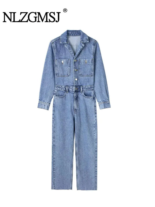 2023 New Woman Jeans Jumpsuit Long Sleeves High Waist jeans Bodysuit Notched Fashion Playsuit Jumpsuits