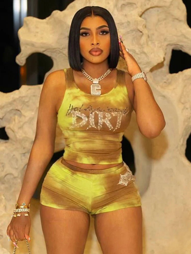Weird Puss Rhinestones Letter 2 Piece Set Women Tracksuit Casual Ribbed Tank Tops+Bike Shorts Matching Skinny Street Outfits