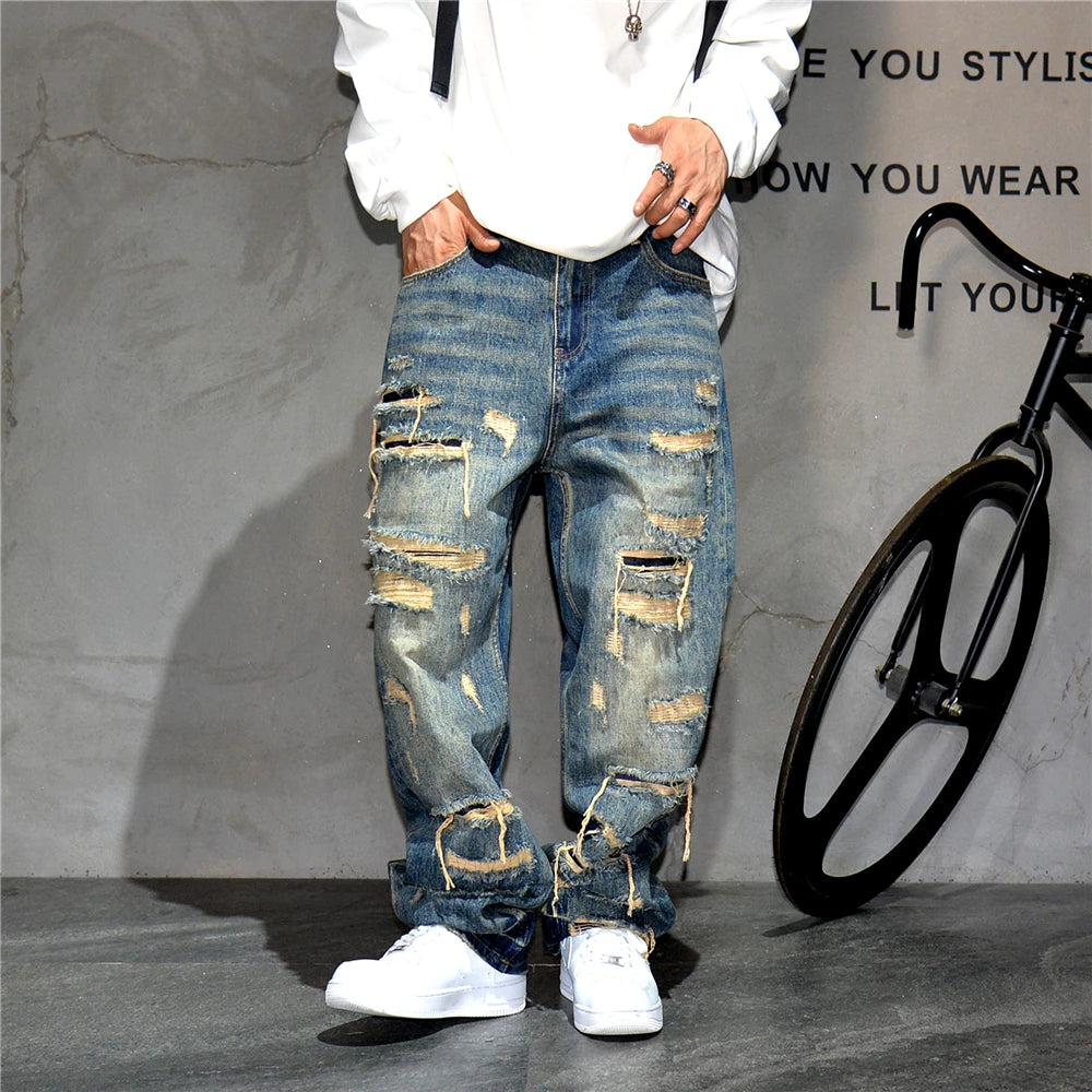 Ripped Baggy Jeans Distressed Denim Streetwear Skateboard Pants Straight Leg Patchwork Oversized Urban Fashion Workwear, men's jeans