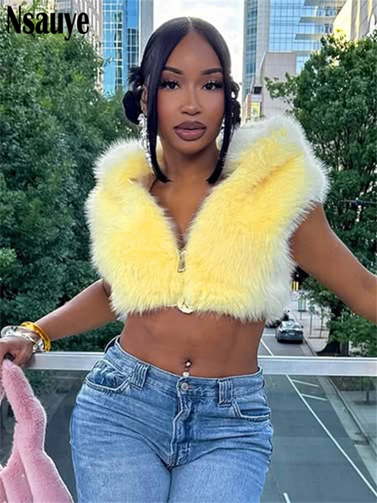 Nsauye Fashion Faux Fur Women Sleeveless Hooded Jackets 2025 Autumn Winter Warm Cardigan Tops Streetwear Slim Outerwear Coat