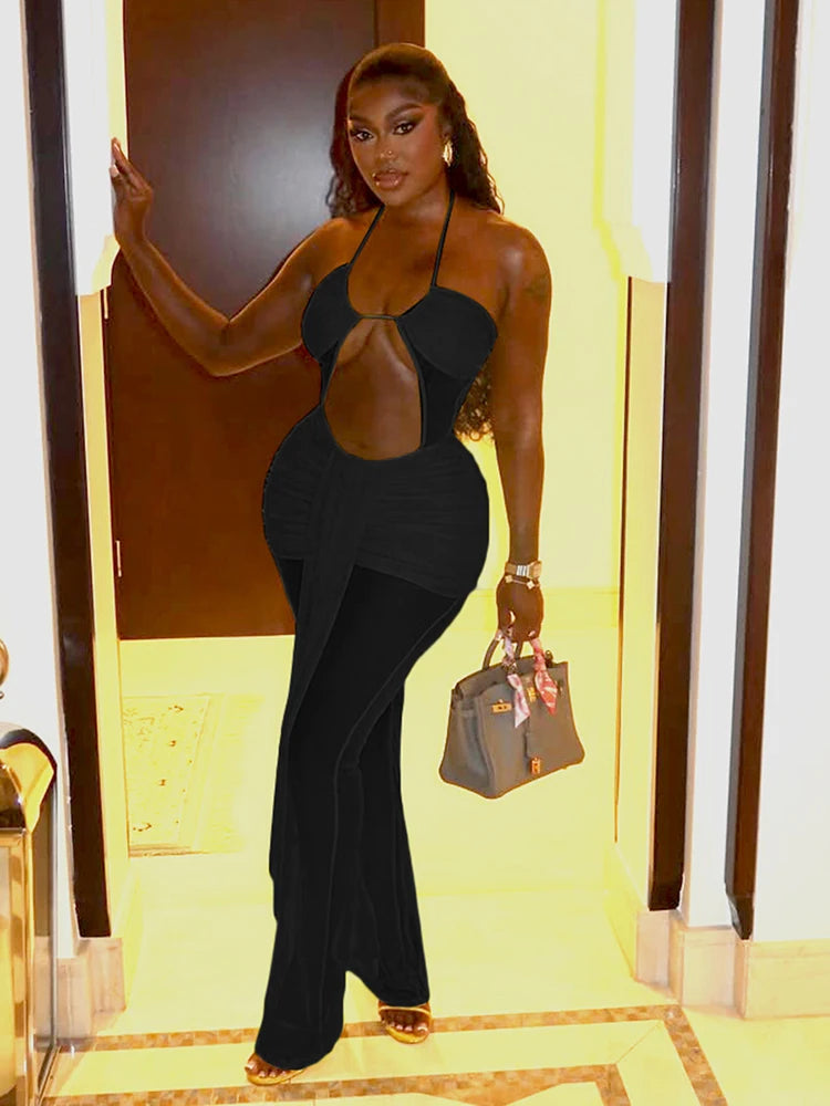 Weird Puss Backless Ruched Jumpsuit Women See Through Sexy Halter Ribbon Hollow Hipster Skinny Summer Clubwear Midnight Overalls