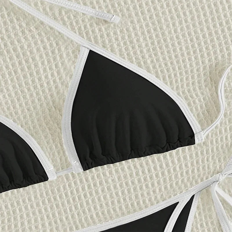 Contrast Color Patchwork Bikinis Bathing Suit Women Sexy Lace Up Triangle Thong Micro Bikini 2025 New Swimwear Biquini Beachwear