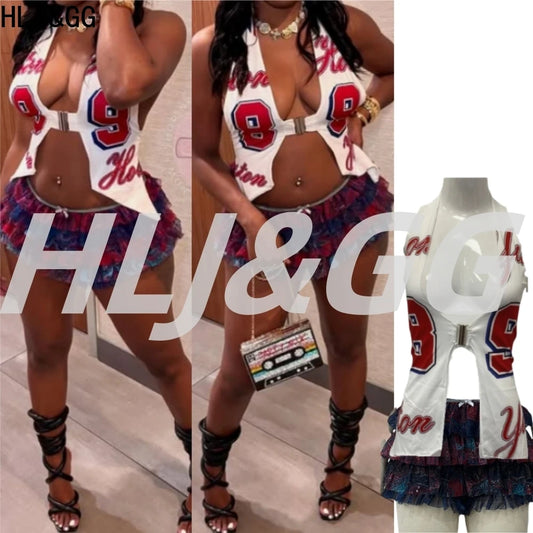 HLJ&GG American Vintage Women Streetwear Y2K Halter Hollow Letter Print Irregular Top And Ruffle Skirts Two Piece Sets Outfits