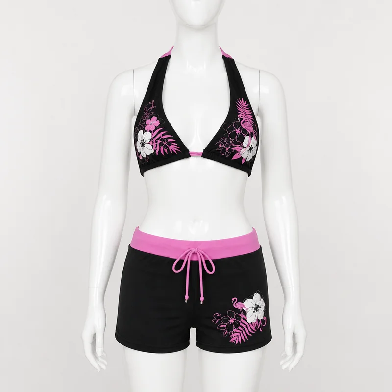 Women Floral Bikini Set Halter Triangle Top Drawstring Boyshort Bottom Two Piece Sexy Beach Swimwear Summer Vacation 2026