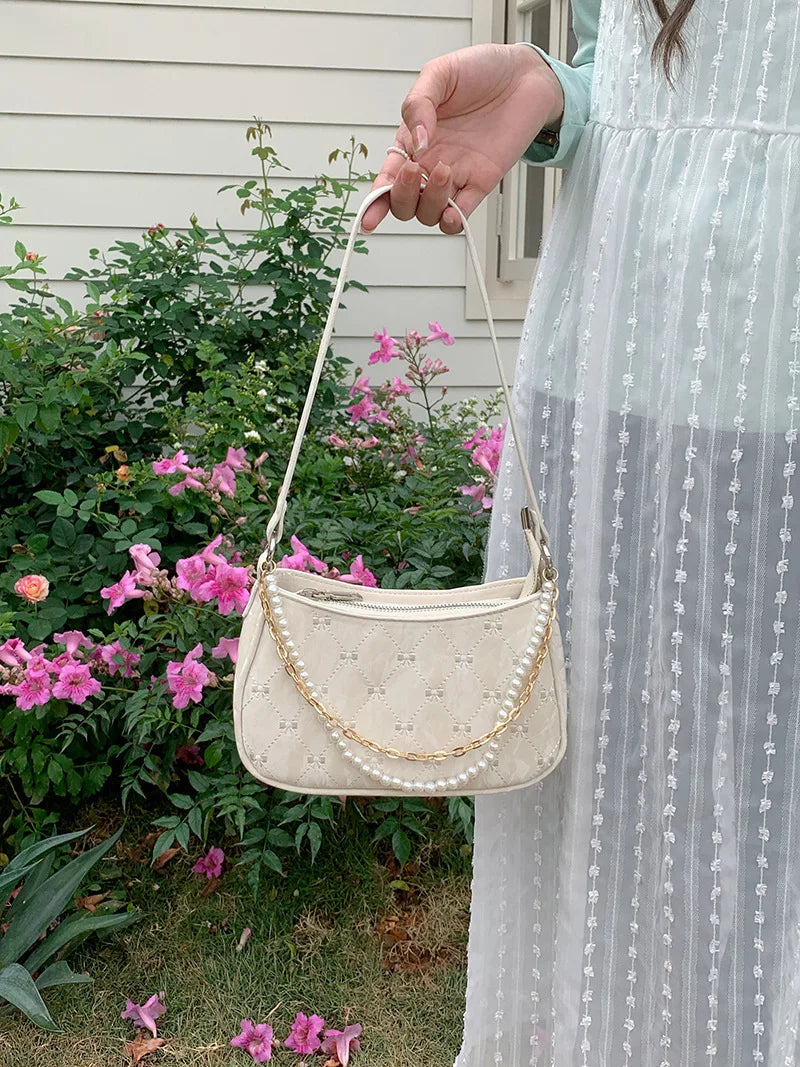 Pink Shoulder Bag Elegant Cute Bow Pearl Chains Bow Embroidery Handbag Casual Leather Korean Fashion Female Handbag