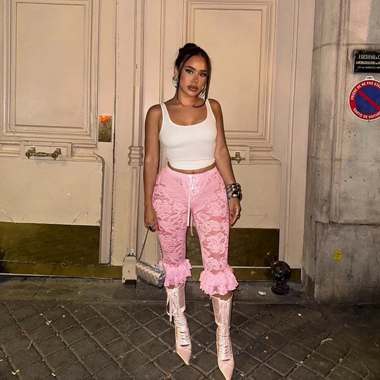 STYLISH LADY Lace Knee Length Pants 2025 Summer Women Midi Waist Hollow Out Sexy Club Party Street See Through Leggings Pants