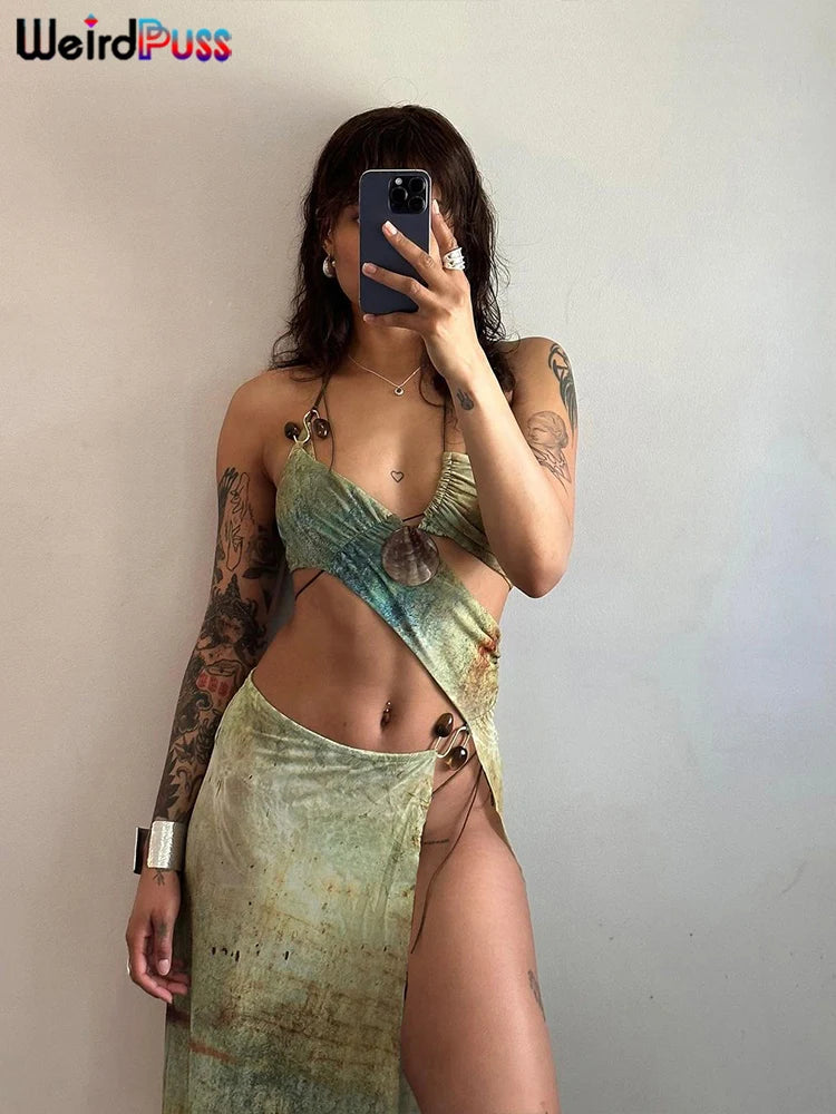Weird Puss Hollow Halter Dress Women See through Summer Trend Sleeveless Waistless Vintage Print Long Bodycon Clubwear Vestidos