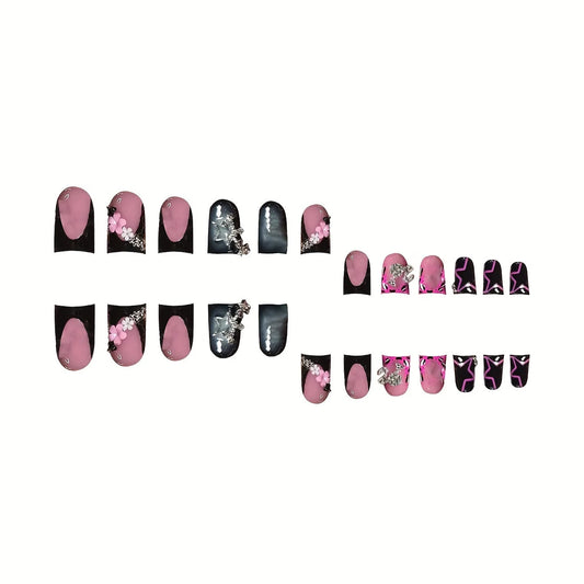 24pcs Short Duck Shaped False Nails Y2k Punk Style Rose Pink Black French Tips Press On Nail Diamond Star Flower Decor Fake Nail