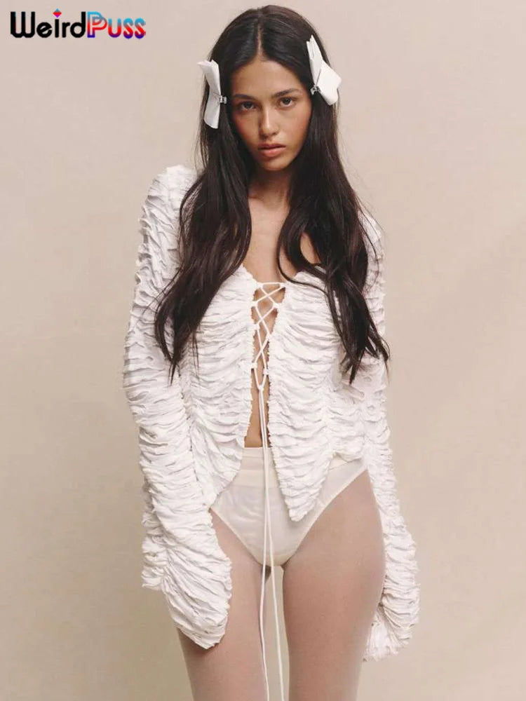 Weird Puss Ripped Chic Crop Tops Women Autumn Elegant Shirring Square Collar Elegant Ruched Full Sleeve Solid Streetwear Tees