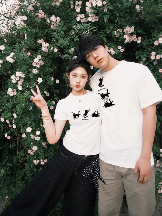 2025 New Design Cute Cats Couple Set Graphic T-shirt Summer Fashion Streetwear Cotton Tee Causal Fit Hot Selling