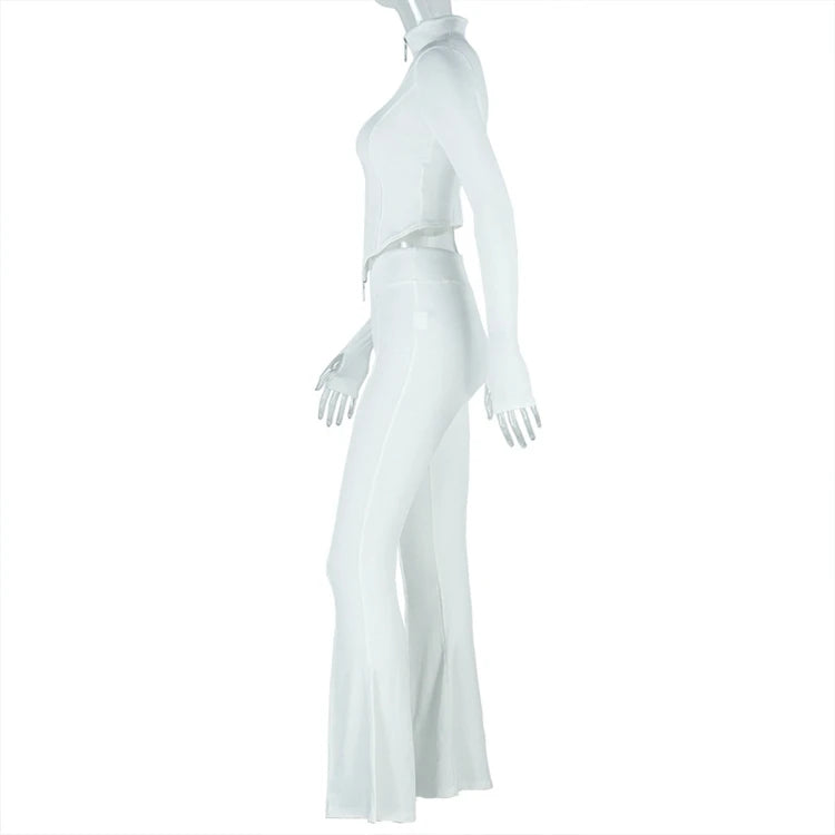 STYLISH LADY Solid Color Sporty 2 Piece Set Women Long Sleeve Crop Top and Flare Pant Suits 2025 Summer Casual Fitness Tracksuit