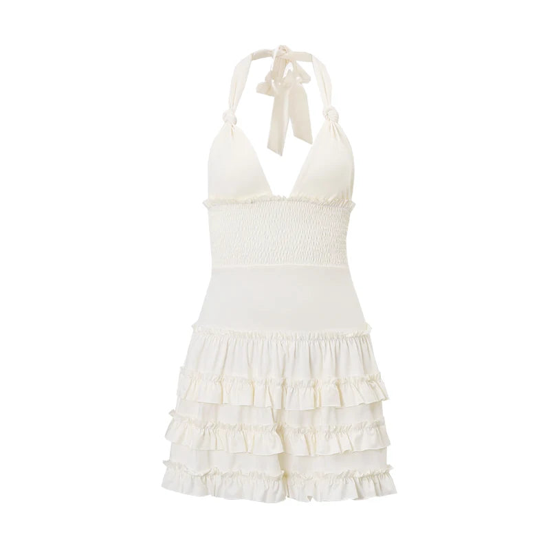 WhereMery Korean Style Sexy Beach V-neck Dress Summer Y2K Charming Backless Handling Neck Dress Swimming Pool Party Mini Dresses