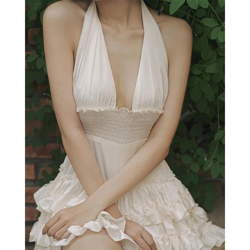 WhereMery Korean Style Sexy Beach V-neck Dress Summer Y2K Charming Backless Handling Neck Dress Swimming Pool Party Mini Dresses